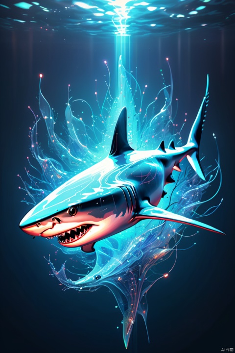 Fully transparent Holographic Digital Shark made of neural circuits swims in the information space and digital information flows, a shark consists of connected neural circuits along which impulses move, neural creature, digital atmosphere, high-end technology, Fantasy, Digital painting, (best quality, masterpiece, Representative work, official art, Professional, 8k:1.3)