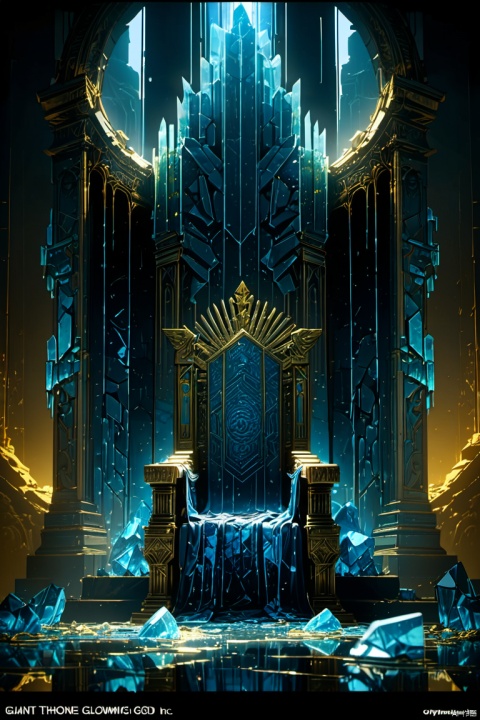 Giant throne of God, glowing backlight coming from behind the throne, glowing gold color crystals on blue ice with gold caustics reflecting a broken glass, strange and atmospheric layers atmosphere with transmittance, cinematic lighting, ambient lighting, (best quality, masterpiece, Representative work, official art, Professional, Ultra intricate detailed, 8k:1.3)