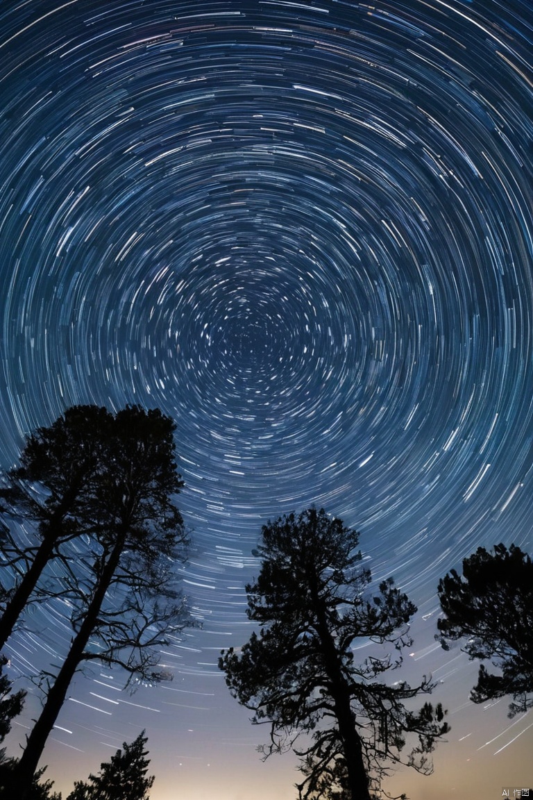 Star trails swirling in night sky, circular motion centered around a celestial pole, long-exposure astrophotography, silhouettes of treetops framing the bottom, natural hues escalating from deep blue to black, cosmic tableau, the infinite dance of celestial bodies, cosmic rotation captured through time lapse, the harmony of the universe showcased in a single frame, a testament to the earth's rotation, the beauty of the night sky adorned with starry luminance, (masterpiece, best quality, perfect composition, very aesthetic, absurdres, ultra-detailed, intricate details, Professional, official art, Representative work:1.3)
