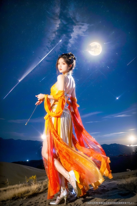 dunhuang, sheer dress, glint sparkle, 1girl, sexy, erotic_pose, sensual_pose, flirting, (masterpiece, best quality, official art, beautiful and aesthetic, photorealistic:1.3), far_moon, starry_sky, meteor shower, (wind blowing:1.3), flower blooming, flower garden, vivid colors, High-Heels, short skirts, solo, extremely detailed, CG unity 8k wallpaper, (Nikon AF-S NIKKOR 35mm f/1.4G)