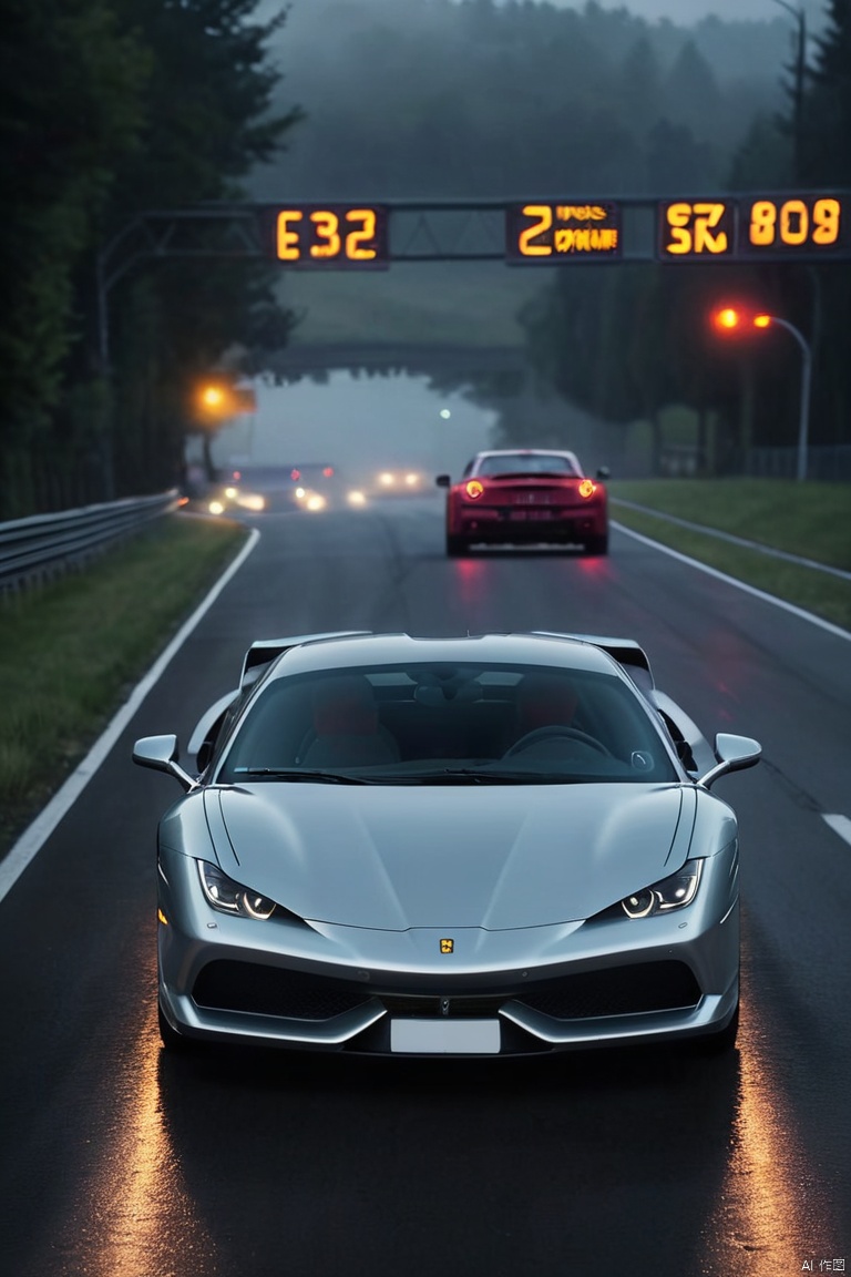 (Cinematic photo of an speeding Ferrarri Roma), (cinematic lens), (tyndall effect:1.4), (fog), (mist), (super car), (fog light), (sense of speed), (Dusk at Autobahn), (shimmer), (visual experience), (Realism), (Realistic), award-winning graphics, dark shot, film grain, extremely detailed, Digital Art, rtx, Unreal Engine, scene concept anti glare effect, All captured with sharp focus, (best quality, masterpiece, Representative work, official art, Professional, Ultra intricate detailed, 8k:1.3), light master, Face Score