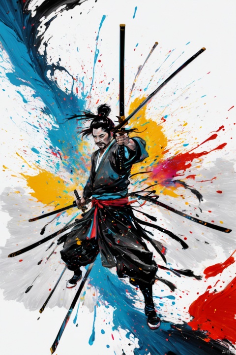 scribble art,ink splatter,Wild,splash ink painting,Abstraction,rich and colorful,Vague dreams,Dynamic energy,publish creation,visual impact,modern aesthetic,Elegant and simple,Contemporary interpretation,be bold,Chinese swordsman, panoramic, Ultra high saturation, (best quality, masterpiece, Representative work, official art, Professional, 8k)