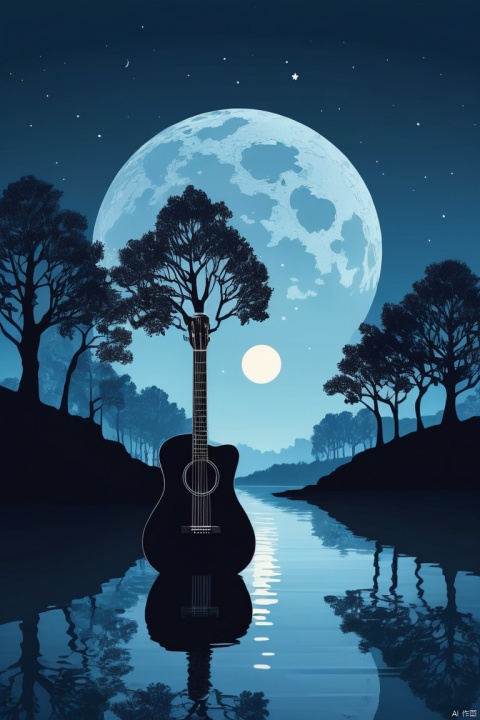 The silhouette of trees and buildings forms the shape of an acoustic guitar, with moonlight reflecting on water, simple background, blue tone, flat illustration style, minimalist design. The guitarshaped lake is reflected in the middle of the picture, creating an atmosphere of calmness, (masterpiece, best quality, perfect composition, very aesthetic, absurdres, ultra-detailed, intricate details, Professional, official art, Representative work:1.3)