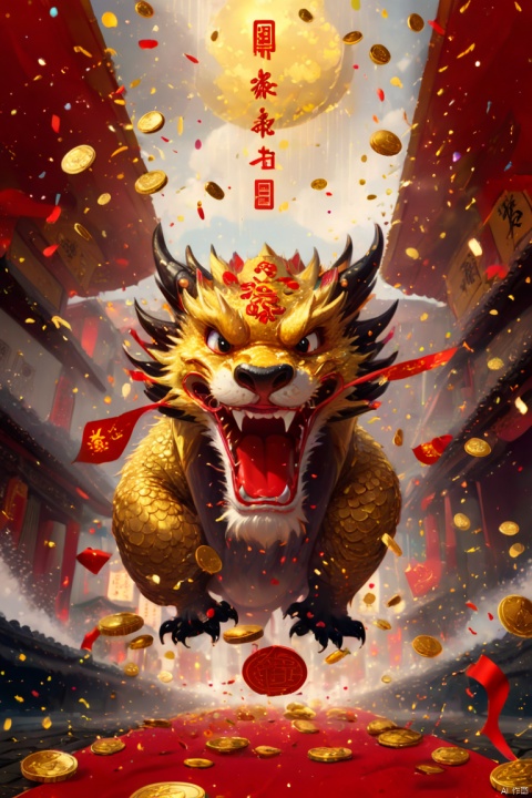 Chinese Lunar New Year has arrived,oriental dragon cub,hairy body,big furry head,Silly dragon,interesting。Many gold coins burst out from firecrackers,Red and gold confetti flying in the sky,Gold coin rain,strong festive atmosphere,very lively, panoramic view, Ultra high saturation, (best quality, masterpiece, Representative work, official art, Professional, 8k)