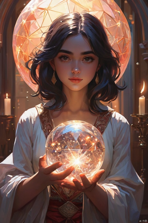 a poster for a with a girl holding a sparkle ball, artgerm and atey ghailan, maya ali as a mage, full art, wlop and artgerm, art cover, artgerm and wlop, maya ali as a d&d sorcerer, glowing with magic, (masterpiece, best quality, perfect composition, very aesthetic, absurdres, ultra-detailed, intricate details, Professional, official art, Representative work:1.3)