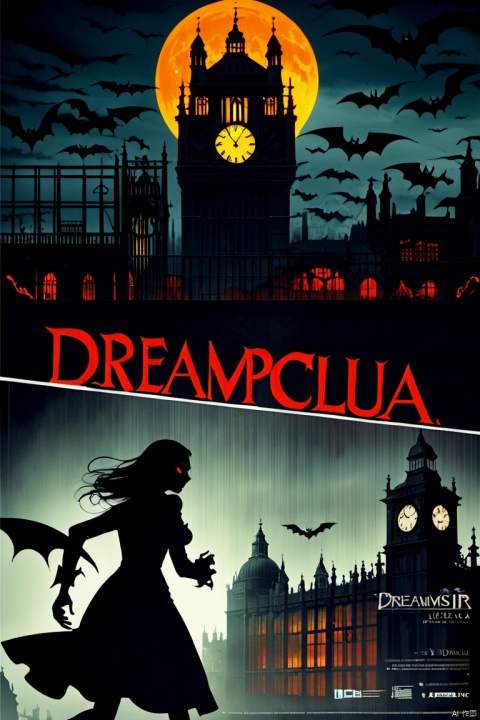 London, Night, 16th century, eerie atmosphere, urban landscape overlooking the clock tower, moonlit night, a woman running away in a dress, rear view, Count Dracula chasing, scene from movie, movie poster, she attacked by a vampire, forced to flee, fun of hunting, future hopeless, Exciting photos, colorful, dramatic, dreamlike, red moon and bats, Motion Blur, best composition, (best quality, masterpiece, Representative work, official art, Professional, Ultra intricate detailed, 8k:1.3)