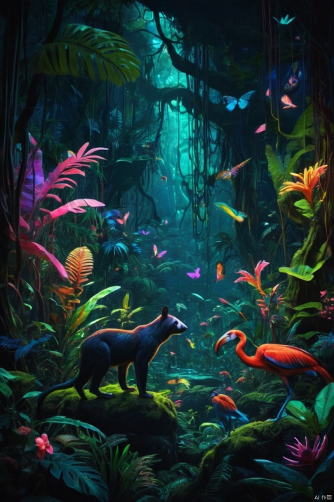 a dark neon rainforest aglow with fantastical fauna and animals, (best quality, masterpiece, Representative work, official art, Professional, Ultra intricate detailed, 8k:1.3)
