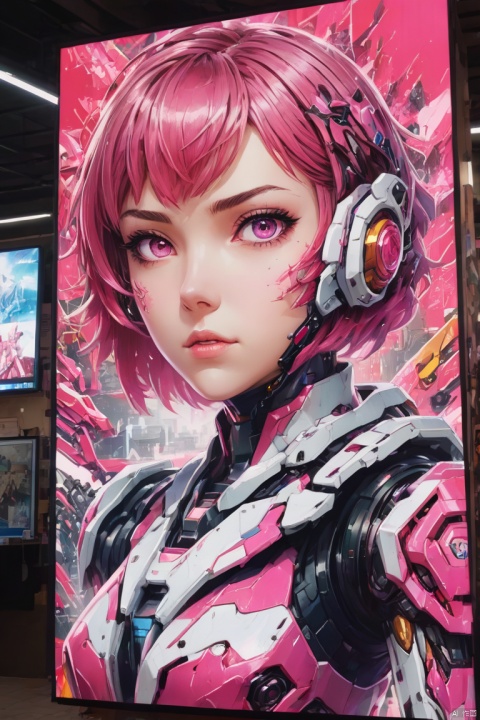 a mecha girl painted on billboard, Pink parted short hair, pink eyes, gymnasium, panoramic, Ultra high saturation, bright and vivid colors, intricate, (best quality, masterpiece, Representative work, official art, Professional, 8k)