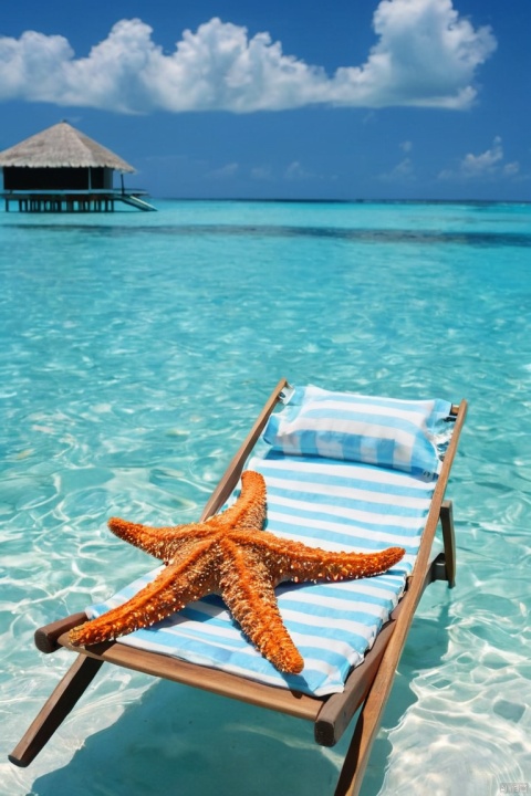 A personified starfish, dressed in fashionable sunglasses, leisurely lies on a beach chair sunbathing. Surrounded by clear blue seawater, the sky is as clear as a wash, and white clouds drift. The entire scene is filled with the freshness and comfort of summer, as if being in a luxurious vacation destination like Maldives, (masterpiece, best quality, perfect composition, very aesthetic, absurdres, ultra-detailed, intricate details, Professional, official art, Representative work:1.3)