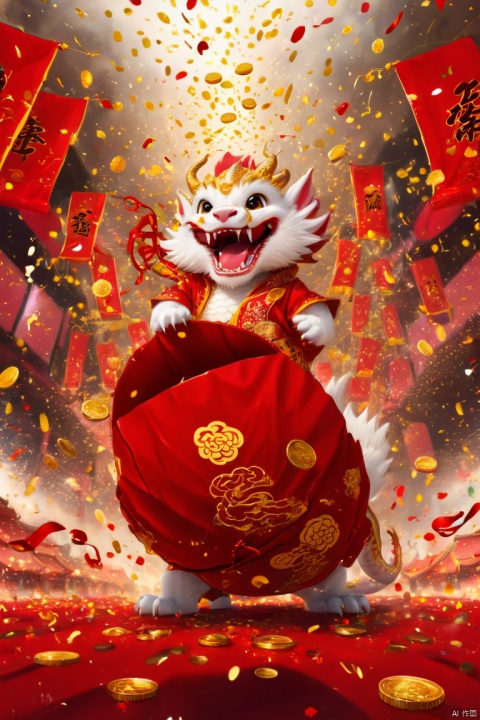 Chinese New Year, oriental dragon, cute dragon cub, big furry head, red clothes, Gold coin rain, Many gold coins burst out, Red and gold confetti flying in the sky, firecrackers, strong festive atmosphere, panoramic view, Ultra high saturation, (best quality, masterpiece, Representative work, official art, Professional, 8k)
