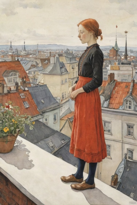 Person Standing on the Rooftop, by Elsa Beskow, (masterpiece, best quality, perfect composition, very aesthetic, absurdres, ultra-detailed, intricate details, Professional, official art, Representative work:1.3)