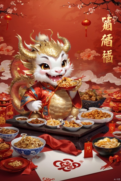 postcard, Chinese New Year 2024, dragon cub, dress, eating Chinese food, strong festive atmosphere, Chinese elements, (best quality, masterpiece, Representative work, official art, Professional, 8k)
