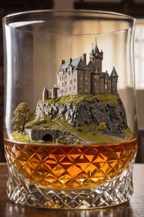 Diorama, a Scottish castle in a glass of whisky, Hyperdetalization, (masterpiece, best quality, perfect composition, very aesthetic, absurdres, ultra-detailed, intricate details, Professional, official art, Representative work:1.3)
