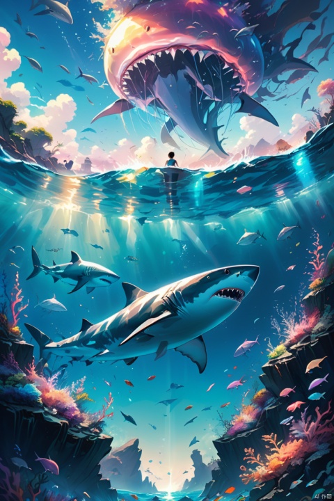 Magical dreams, landscapes, photorealestic, Illustration of shark swimming in colorful waters, Look up at the composition, Jellyfish and whales, Inspired by Cyril Rolando, beautiful artwork illustration, Colorful concept art, Makoto Shinkai Cyrillo Rolando, Cyril Rolando (Cyril Rolando) style of, cetus, Very detailed watercolor 8K, Very delicate watercolor 8K, Octane, fine, realisitic, 8K, Makoto Shinkai Style (Reasonable design, clear lines, high sharpness, Best Quality, Very detailed, Masterpiece, movie lighting effects, 4k), A boy and a girl swim at the bottom of the sea, Magical dreamish,Anime,Enhanced All,ghibli,illustrator, (best quality, masterpiece, Representative work, official art, Professional, 8k:1.3)