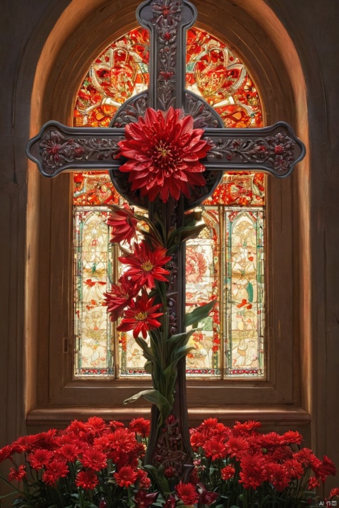 convent, Giant cross, red lily, red chrysanthemum, flame, Light, (masterpiece, best quality, perfect composition, very aesthetic, absurdres, ultra-detailed, intricate details, Professional, official art, Representative work:1.3)
