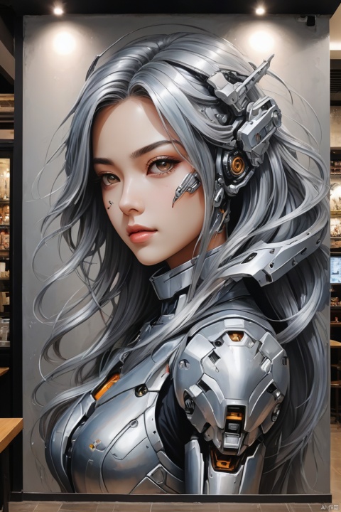 (wall painting:1.4) of mecha girl painted on cafe wall, (silver long hair), cafe decoration, cafe design, detailed background, intricate, (best quality, masterpiece, Representative work, official art, Professional, 8k)