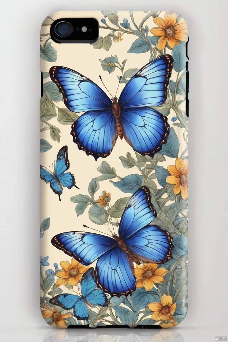 mobile phone case with (blue butterfly:1.4) design, earthy tones to create a lively and natural feel. The colors are (visually striking, vivid) and the image features (sharp focus) to make the illustration design stand out. The art style of the case leans towards (cartoonish, illustrative). The lighting in the image is (bright and well-balanced). Overall, this phone case combines (cute, detailed, and vibrant) elements to create a visually appealing accessory, (masterpiece, best quality, perfect composition, very aesthetic, absurdres, ultra-detailed, intricate details, Professional, official art, Representative work:1.3)