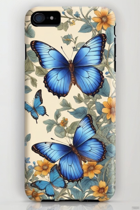 mobile phone case with (blue butterfly:1.4) design, earthy tones to create a lively and natural feel. The colors are (visually striking, vivid) and the image features (sharp focus) to make the illustration design stand out. The art style of the case leans towards (cartoonish, illustrative). The lighting in the image is (bright and well-balanced). Overall, this phone case combines (cute, detailed, and vibrant) elements to create a visually appealing accessory, (masterpiece, best quality, perfect composition, very aesthetic, absurdres, ultra-detailed, intricate details, Professional, official art, Representative work:1.3)