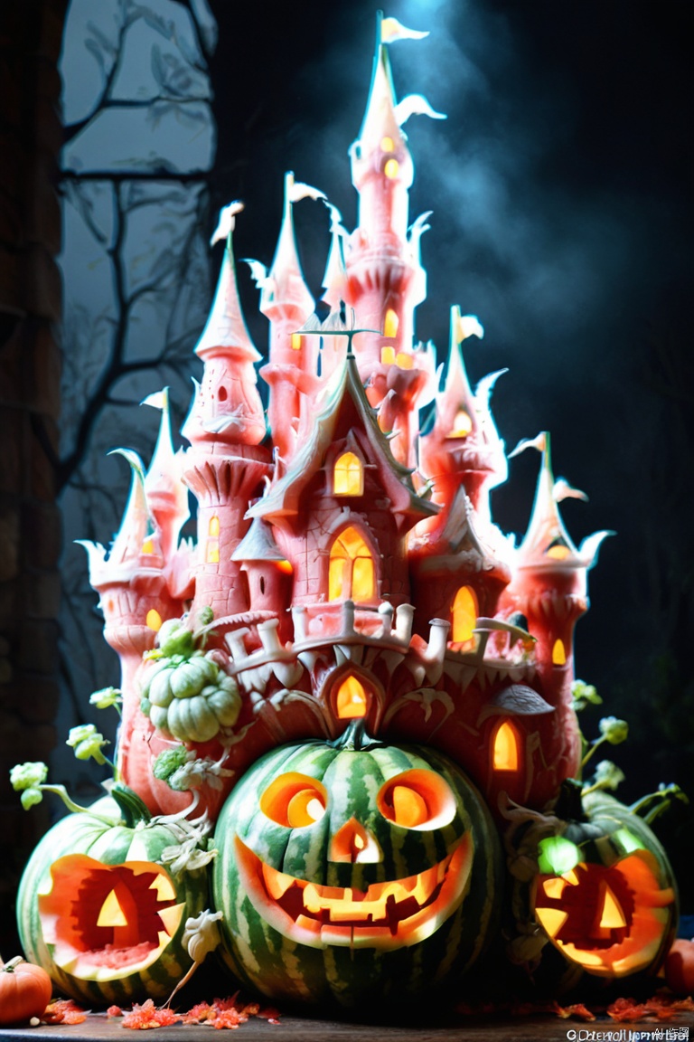 Pumpkin carving Art, Detailed carved pumpkin castle, octane render, enhance, intricate, HDR, UHD, (best quality, masterpiece, Representative work, official art, Professional, 8k wallpaper:1.3), watermeloncarving