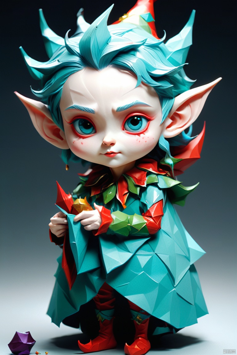 Origami Paper Cute Elf by Zhang Jingna, bold structural design, Rich in color , cosmic clown style, Brushes, exaggerated facial features, Leprechaun academia, Exquisite sculptures, red and and aquamarine, Mori Department, octane render, (best quality, masterpiece, Representative work, official art, Professional, 8k:1.3)