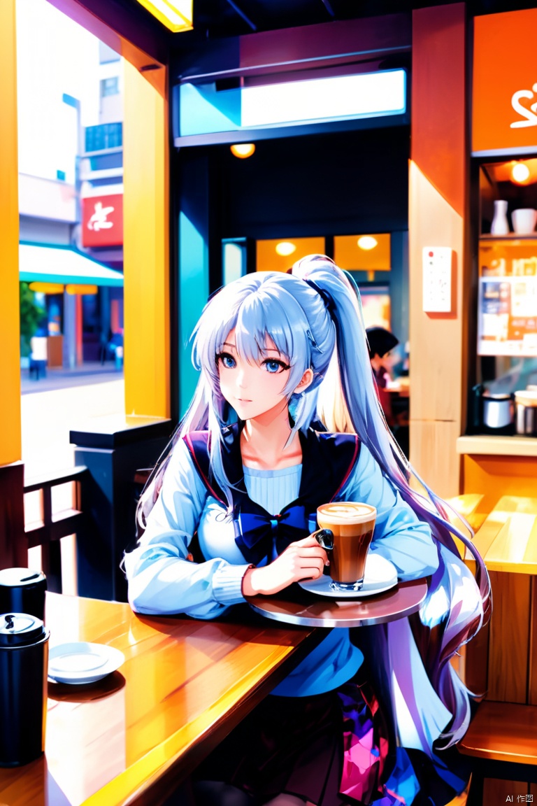 anime artwork Frieren \(anime\), girl, grey hair, long hair, bangs, full body, in a cafe, coffee on table, super detail, highres, (panoramic, Ultra high saturation, bright and vivid colors), (best quality, masterpiece, Representative work, official art, Professional, 8k)