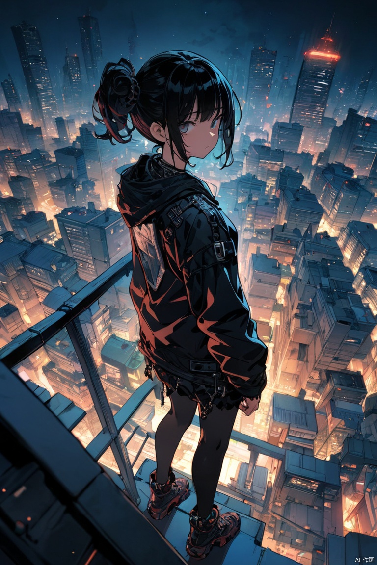 Overlooking,Punk girl standing on the city rooftop,Full body portrait,Celluloid style,Flat coating,HD,CG Art,comics,8K,Looking at the camera,high quality,illustration,Depth of Field,CG Art,Movie Lighting,8K,Ultra Detailed,complex,OC Renderer,cinematic perspective, (masterpiece, best quality, perfect composition, very aesthetic, absurdres, ultra-detailed, intricate details, Professional, official art, Representative work:1.3)