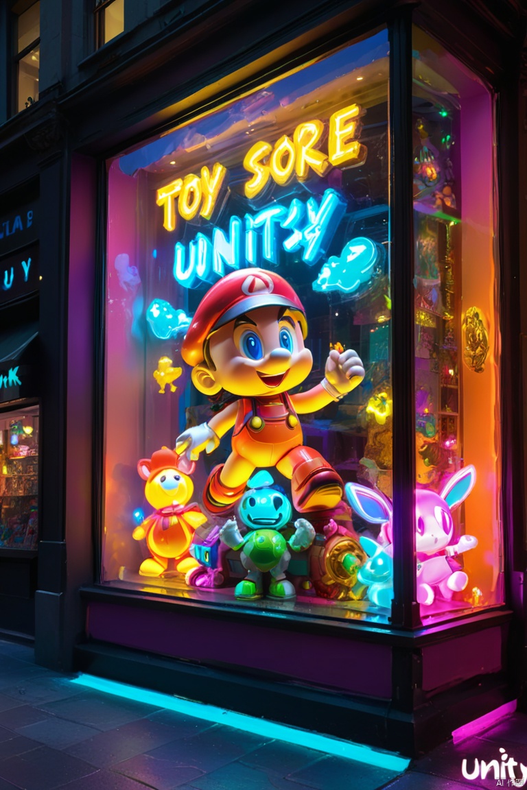 ultra detailed toy, Toy Store Window Display, elaborate ornate video game, colorful luminescence display window, bright neon colors, (best quality, masterpiece, Representative work, official art, Professional, unity 8k wallpaper:1.3)