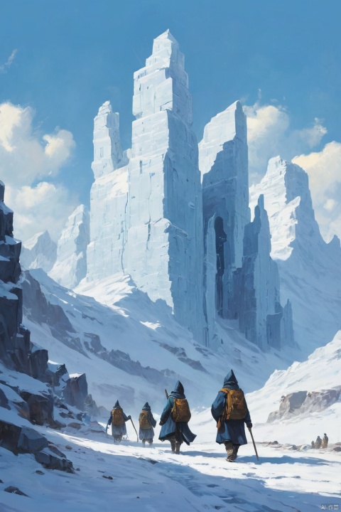 Visualize an otherworldly scene where a group of explorers in bright cloaks approach ancient cylindrical towers nestled into the side of a jagged ice mountain. The towers are weathered and bear cryptic symbols, hinting at a lost civilization. The icy landscape is vast and dotted with snow, under a pale blue sky, conveying a sense of discovery and the unknown. The explorers' cloaks billow in the cold wind, adding to the atmosphere of adventure and the harshness of the environment, (masterpiece, best quality, perfect composition, very aesthetic, absurdres, ultra-detailed, intricate details, Professional, official art, Representative work:1.3)