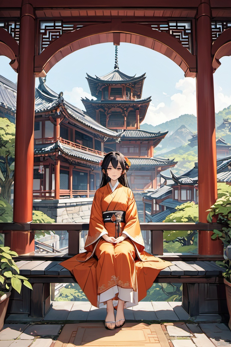 chinese girl, levitating in the air while meditating, orange robes, flowing fabric, calm expression, (above ground), immersive background of chinese building, (masterpiece, best quality, perfect composition, very aesthetic, absurdres, ultra-detailed, intricate details, Professional, official art, Representative work:1.3)