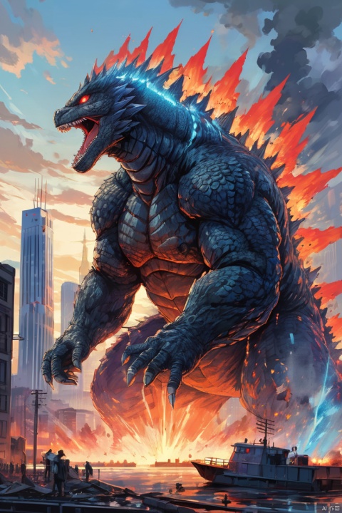 Flat coating,Vector illustration,Rich details,Angry super giant Godzilla in the city looking down at the city below,The dorsal fin is filled with blue energy,glow effect,Huge waves hit the city,explode,Red light soars into the sky,Broken and collapsed building,standing water,stone,exposed steel bars,electric spark,shoulder level view,colorful,Rescue helicopters,depth of field,Movie lighting,Super fine, (masterpiece, best quality, perfect composition, very aesthetic, absurdres, ultra-detailed, intricate details, Professional, official art, Representative work:1.3)