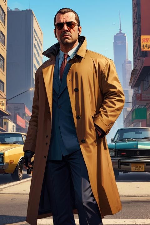 GTA STYLE,shotgun、wind coat,sun glasses,Car,city street,retro artstyle,hight contrast,crime and danger、Tension and suspense, intricate, (best quality, masterpiece, Representative work, official art, Professional, unity 8k wallpaper:1.3)