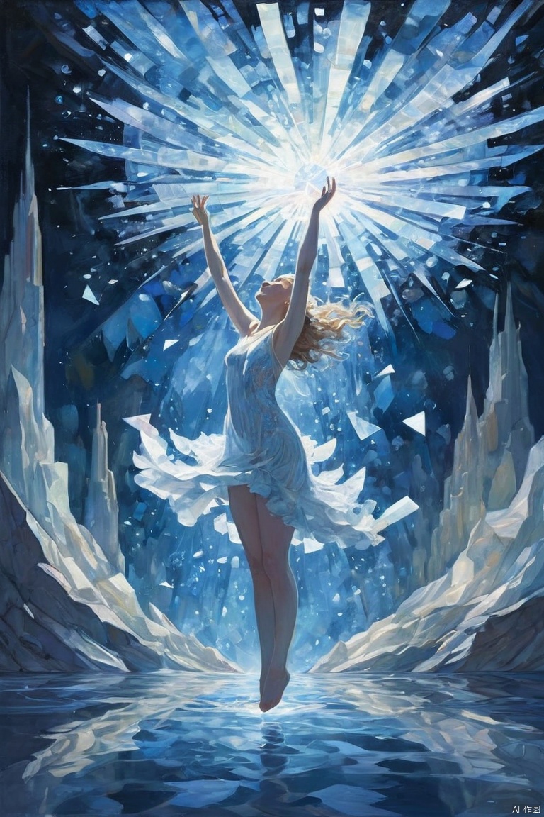 Surreal. A splash into water, exploding into the air like crystal, bright shards twinkling in moonlight, blue and white, a magical display of fractal art-nouveau performance of light and physics, a geometric performance.The background is a diffuse display of swirling neon. Soft pastels, soft dreamy watercolor, (masterpiece, best quality, perfect composition, very aesthetic, absurdres, ultra-detailed, intricate details, Professional, official art, Representative work:1.3)