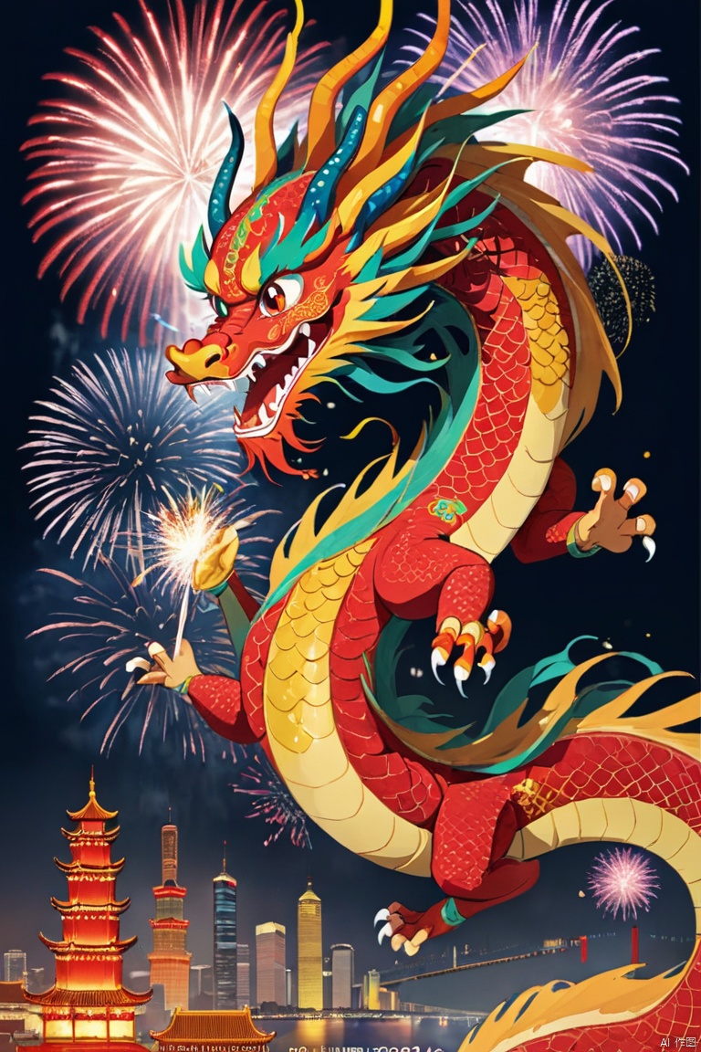 Holiday poster, 2024 new year poster, New Year Eve 2024, fireworks, chinese dragon, (best quality, masterpiece)