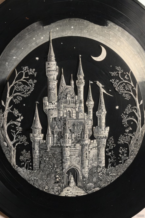 image of Dream Castle, image on Black vinyl record, cover design, package design, minimalism art, (masterpiece, best quality, perfect composition, very aesthetic, absurdres, ultra-detailed, intricate details, Professional, official art, Representative work:1.3)