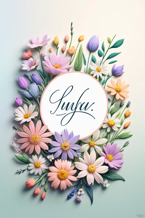 A logo composed of a cluster of pastel wildflowers, arranged in a soft, natural layout, with a light and airy cursive font, high detail, (best quality, masterpiece, Representative work, official art, Professional, unity 8k wallpaper:1.3)