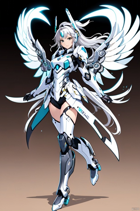 (Sticker design), white Sticker outline, mecha girl, (silver long hair), full-body pose, mechanical wings, dynamic angle, (best quality, masterpiece, Representative work, official art, Professional, 8k:1.3)