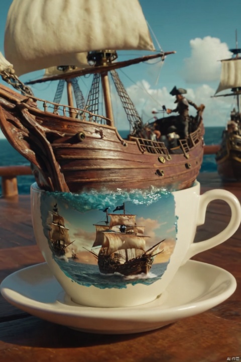 Photorealistic closeup video of two pirate ships battling each other as they sail inside a cup of coffee, (best quality, masterpiece, Representative work, official art, Professional, Ultra intricate detailed, 8k:1.3)