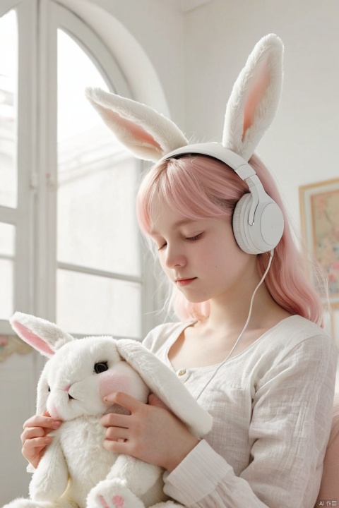 Dynamic Angle, One girl,White Room、Pastel Furniture, A girl is listening to music with headphones, holding a cute stuffed toy of a big white rabbit, (masterpiece, best quality, perfect composition, very aesthetic, absurdres, ultra-detailed, intricate details, Professional, official art, Representative work:1.3)