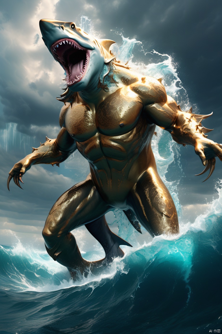 close up of a sea god riding on a shark, mythology, divine power, majestic ocean waves, golden trident, shimmering scales, dynamic pose, stormy atmosphere, rippling muscles, endless horizon, oceanic realm, intense gaze, strong current, living force, dreadnought shark partner, ultra-wide-angle, octane render, enhance, intricate, (best quality, masterpiece, Representative work, official art, Professional, 8k:1.3)