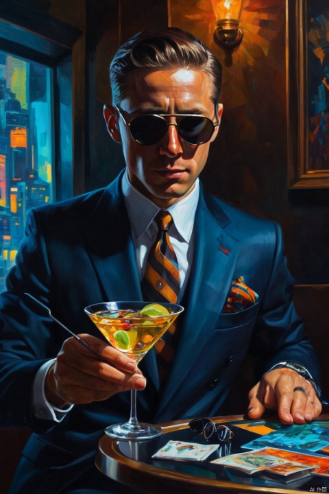 sophisticated and mysterious secret agent, tailored suit, sunglasses, Grab a special martini, High-tech equipment and fearlessness, watch carefully, Vibrant and immersive oil painting imagination, Intricate details and attractive colors, dark tone contrast, absurd solution, (best quality, masterpiece, Representative work, official art, Professional, Ultra intricate detailed, 8k:1.3)