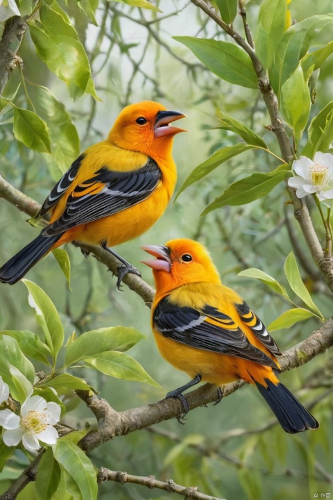 Two golden orioles sing amid the willows green, (masterpiece, best quality, perfect composition, very aesthetic, absurdres, ultra-detailed, intricate details, Professional, official art, Representative work:1.3)