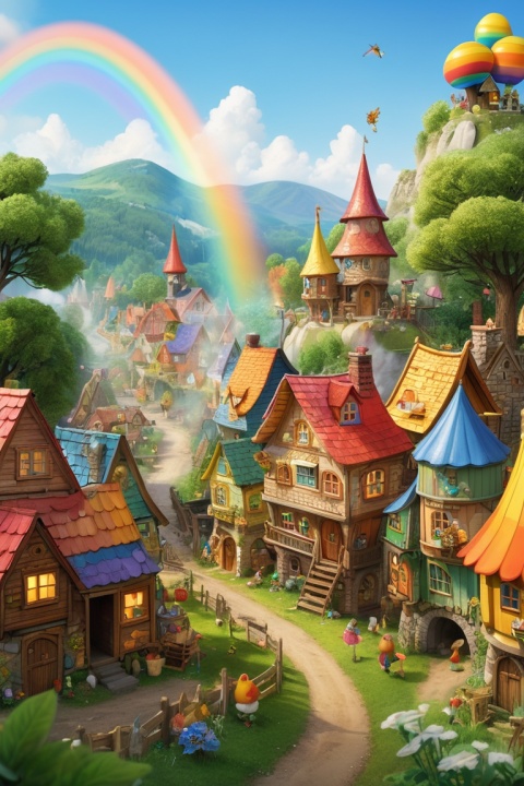 (Fairy Tale Town:1.2), Richard Scarry, Fairy Village, Rainbow Sugar and Honey, intricate, (best quality, masterpiece, Representative work, official art, Professional, unity 8k wallpaper:1.3)