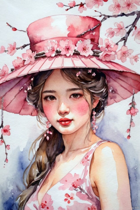watercolor, Beautiful girl wearing cherry blossom hat, by Gurwitz, artistic creativity, (best quality, masterpiece, Representative work, official art, Professional, Ultra intricate detailed, 8k:1.3)