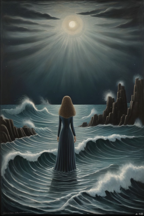 girl, A primeval goddess of the sea, Nammu emerges with undulating waves, symbolizing the ancient and powerful forces that govern the depths of the ocean, (by Gertrude Abercrombie:1.2), Celestial Noir, film noir style with celestial influences, a cosmic and mysterious take on classic noir aesthetics, (best quality, masterpiece, Representative work, official art, Professional, Ultra intricate detailed, 8k:1.3)