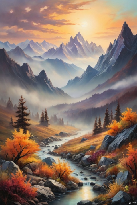 A misty mountain landscape, (lampwork glass art style), warm, glowing colors, sense of depth and mystery, set against a backdrop of a (mountain range), soft and ethereal mist enshrouding the peaks, photorealistic, sharp focus, cinematic, dramatic sky, sense of tranquility, (masterpiece, best quality, perfect composition, very aesthetic, absurdres, ultra-detailed, intricate details, Professional, official art, Representative work:1.3)