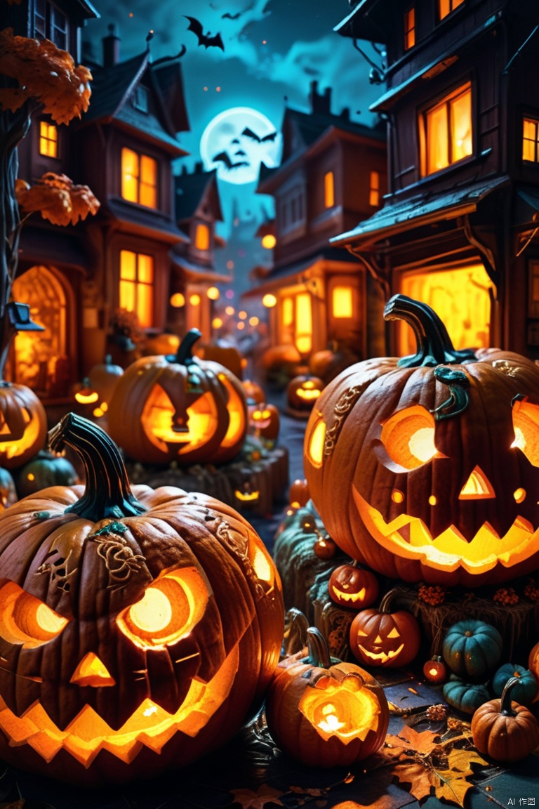 A city carved from pumpkins, vibrant urban landscapes, detailed pumpkin carvings, complex, macroscopic, dramatic lighting, pumpkin lanterns, Halloween theme, studio light, fantasy, night, concept art, octane render, enhance, intricate, HDR, UHD, (best quality, masterpiece, Representative work, official art, Professional, 8k wallpaper:1.3)