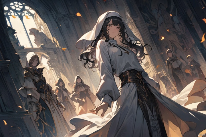 Nun, anime realistic, expressive eyes,detailed hair,wavy hair,flowing lines,shading techniques,dynamic poses,action scenes,background illustration,detailed costumes,fantasy world,magical elements,strong emotions,vibrant characters,light and shadow contrast,dramatic lighting,elegant composition,beautiful artistry,stylized characters,nostalgic atmosphere,brush strokes,contrast in values,precise linework,depth and perspective,comic book style,lively facial expressions,unique character designs,captivating storytelling, (masterpiece, best quality, perfect composition, very aesthetic, absurdres, ultra-detailed, intricate details, Professional, official art, Representative work:1.3)