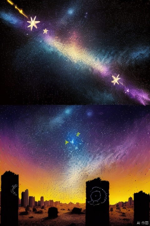 rotating starry sky, Graffiti art, scribble art, rotating universe, grand scene, shooting stars, Fragmented light spots, fantasy art, panoramic view, Ultra high saturation, by Keith Haring, (best quality, masterpiece, Representative work, official art, Professional, 8k)