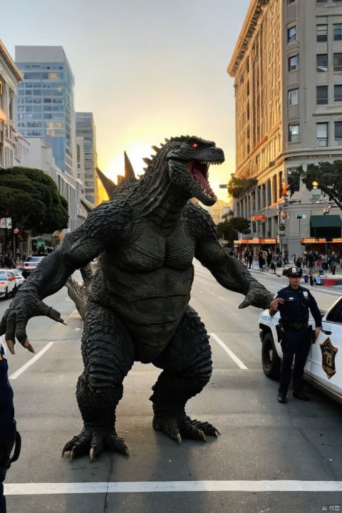 iphone photo of strong angry godzilla getting ready to attack tall shadow alien creature in downtown san francisco, during sunset, surrounded by police cars, lights and sirens, deployed army soliders blocking off streets, confusion and fear atmosphere, cinematic lighting, posted on reddit, posted on Twitter, photorealistic visual effects, digital composition masterclass, (masterpiece, best quality, perfect composition, very aesthetic, absurdres, ultra-detailed, intricate details, Professional, official art, Representative work:1.3)