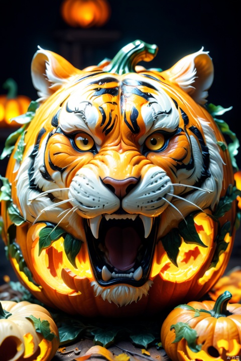 Pumpkin Carvings like a tiger, Shining suspiciously luminescence, pumpkin color, octane render, enhance, intricate, HDR, UHD, Relief style, (best quality, masterpiece, Representative work, official art, Professional, 8k wallpaper:1.3)